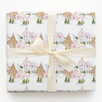 Watercolor Christmas Village Gift Wrap, Pink Gingerbread House Wrapping Paper, Whimsical Holiday Wrapping Paper, Adorable Xmas Gift Wrap Roll