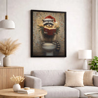 Humorous Toilet Reading Raccoon Canvas Print, Christmas Raccoon Canvas Art, Quirky Holiday Wall Art, Adorable Animal Bathroom Wall Decor Present