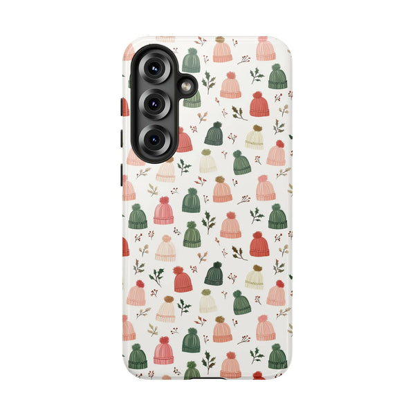 Festive Holly Berry Pattern Phone Case, Winter Knitted Hat Samsung Galaxy Case, Dual Layer Tough Holiday Phone Cover, Christm