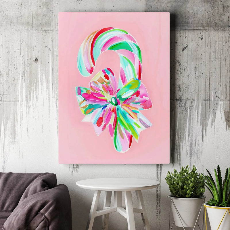 Painted Christmas Bow Canvas Decor, Pink Candy Cane Canvas Wall Art, Festive Holiday Wall Print, Digital Download Xmas Artwork