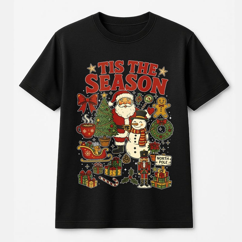 Santa Claus Snowman Graphic T-Shirt, Tis the Season Christmas Shirt, Retro Holiday Party Tee, Festive Family Tee, Unisex Xmas Present