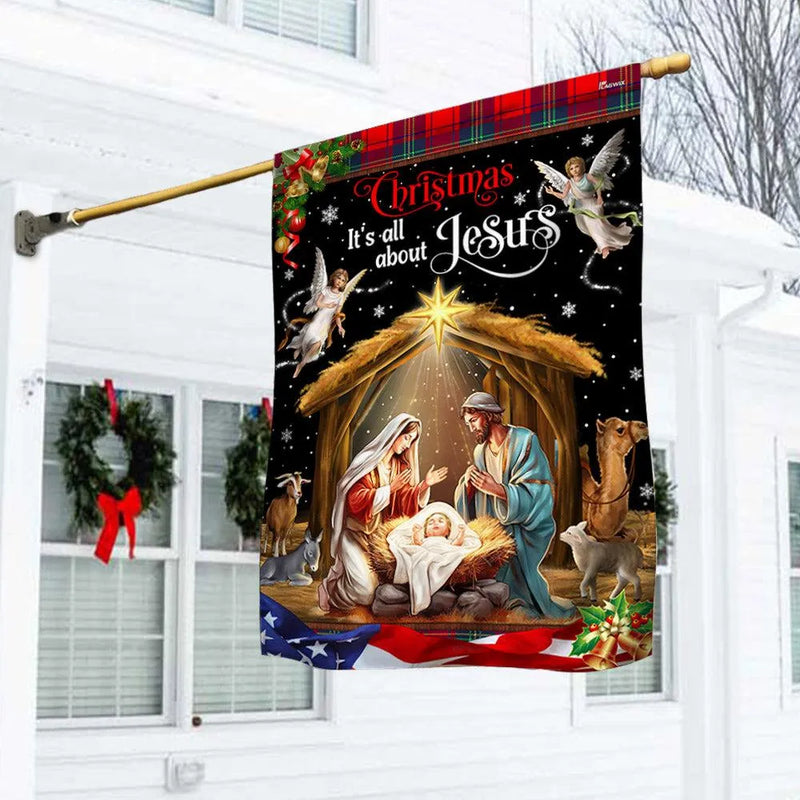It's All About Jesus Yard Flag, Christmas Nativity Garden Flag, Holy Family Religious Christmas Flag, Double Sided Holiday Decor