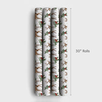 Watercolor Deer Holly Berry Gift Wrap, Woodland Reindeer Wrapping Paper, Rustic Winter Holiday Paper, Christmas Gift Wrapping Roll