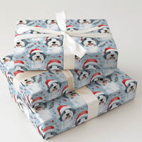 Dog in Santa Hat Gift Wrap, Old English Sheepdog Christmas Wrapping Paper, Holiday Dog Wrapping Paper, Festive Present Wrap
