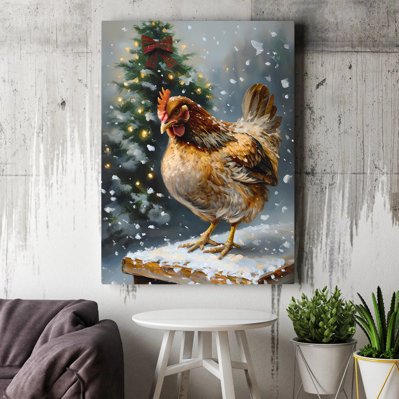 Winter Farm Hen Canvas Print, Christmas Chicken Snowy Farmhouse Canvas Art, Festive Holiday Animal Canvas Wall Art, Country Decor Present