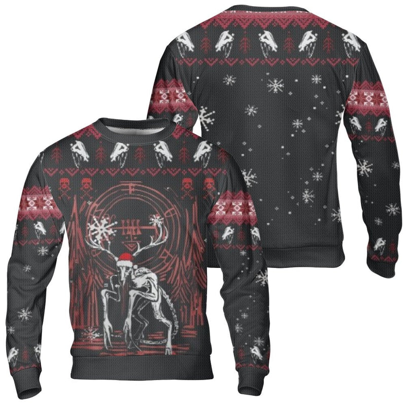 Spooky Cryptid Santa Hat Sweatshirt, Wendigo Christmas Ugly Sweater, Creepmas Dark Horror Crewneck, Gothic Holiday Pullover Shirt