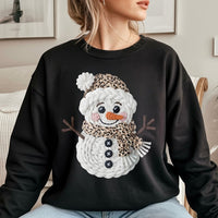 Faux Knit Winter Sweater, Leopard Print Snowman Sweatshirt, Adorable Christmas Holiday Crewneck, Retro Xmas Sweatshirt, Holiday Present for Her