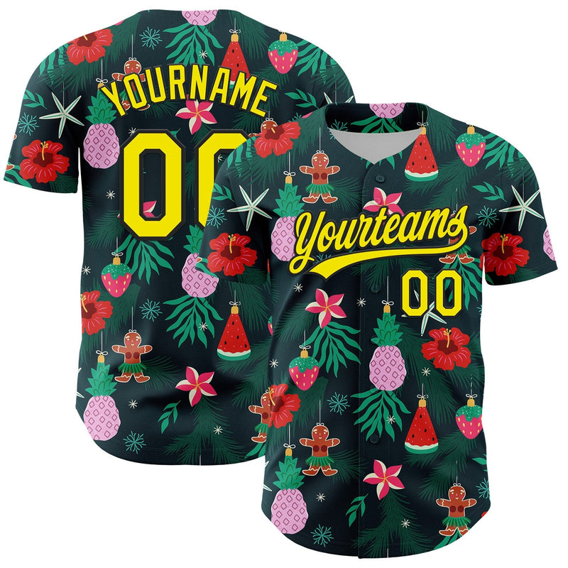 Custom Holiday Jersey Shirt, Tropical Christmas Baseball Jersey, Personalized Name Number Jersey, Tropical Xmas Button Up Jersey Shirt
