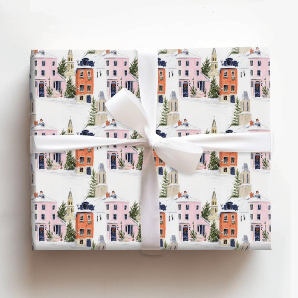 Church Steeple Town Gift Wrap, Snowy Christmas Village Wrapping Paper, Watercolor Holiday Wrapping Paper, Festive Winter Wrap