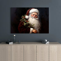 Classic Holly Wreath Portrait Canvas Print, Vintage Santa Claus Wall Art, Traditional Christmas Canvas Art, Holiday Home Wall Decor