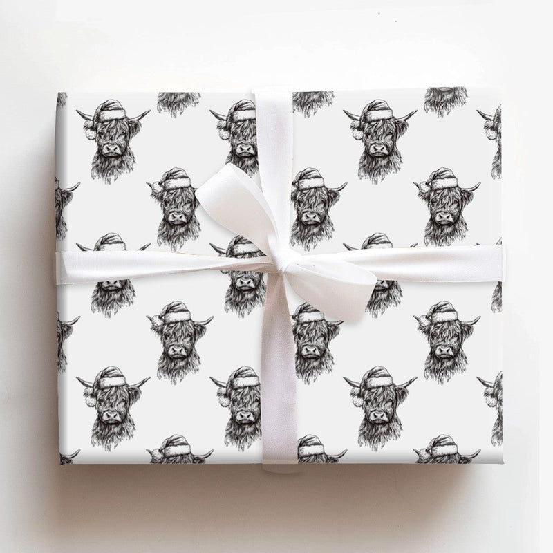 Black and White Christmas Gift Wrap, Sketch Highland Cow Wrapping Paper, Rustic Cow Holiday Wrapping Paper, Farmhouse Gift Wrap Paper Roll