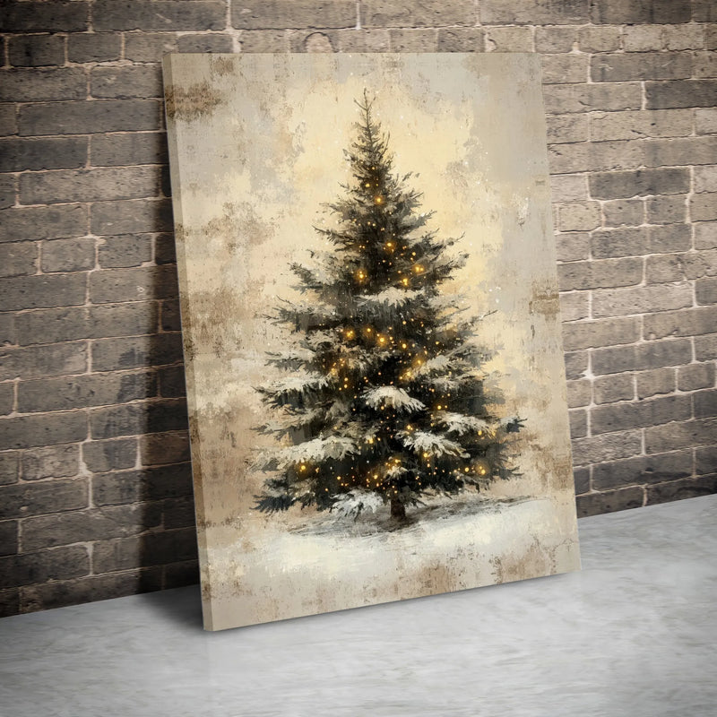 Snowy Pine Christmas Tree Print, Vintage Christmas Tree Wall Art, Rustic Holiday Canvas Art, Xmas Home Decor, Digital Download Art
