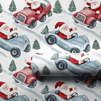 Retro Car Christmas Gift Wrap, Santa Vintage Race Car Wrapping Paper, Watercolor Auto Holiday Present Paper, Festive Xmas Gift Wrap