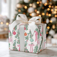 Pink Ribbon Christmas Gift Wrap, Watercolor Garland Wrapping Paper, Elegant Holiday Wrapping Paper, Festive Winter Xmas Gift Wrap Roll