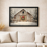 Rustic Farmhouse Barn Canvas Print, Winter Barn Canvas Wall Art, Snowy Christmas Wreath Canvas Art, Holiday Season Wall Decor, Country Present