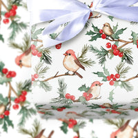 Watercolor Holly Berries Gift Wrap, Winter Birds Wrapping Paper, Christmas Wrapping Paper Roll, Nature Lover Festive Holiday Wrap Paper