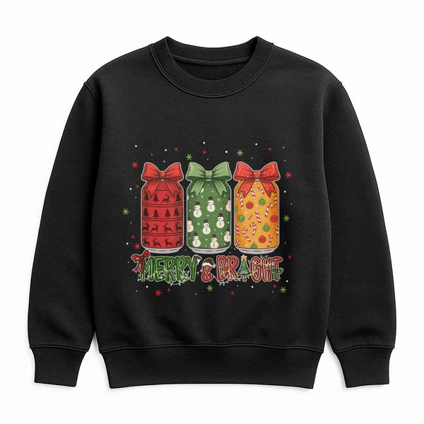 Snowman Reindeer Candy Cane Holiday Sweater, Merry and Bright Christmas Jars Sweatshirt, Festive Xmas Crewneck, Adorable Wint