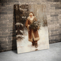 Snowy Forest Santa Canvas Print, Vintage Santa Claus Canvas Wall Art, Christmas Tree Santa Canvas Decor, Winter Holiday Wall Art, Xmas Present