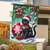 Santa Hat and Holly Berry Yard Flag, Black Cat Christmas Garden Flag, Double-Sided Kitten Holiday Lawn Flag