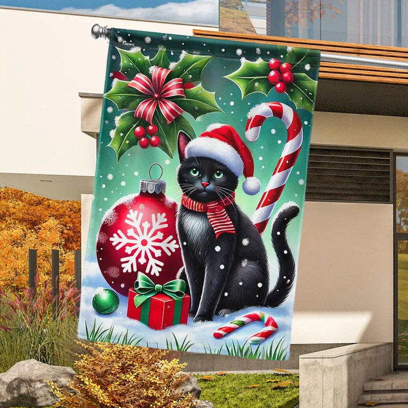 Santa Hat and Holly Berry Yard Flag, Black Cat Christmas Garden Flag, Double-Sided Kitten Holiday Lawn Flag