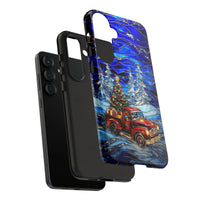Stained Glass Winter Phone Case, Christmas Red Truck Samsung Galaxy Case, Vintage Pickup Tough Galaxy Case, Holiday Phone Cover