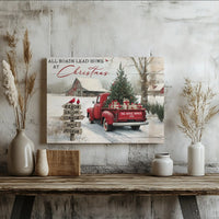 Farmhouse Red Truck Canvas Print, Personalized Family Christmas Canvas, Custom Winter Holiday Canvas Wall Art, Rustic Xmas Home Decor Present