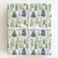 Whimsical Holiday Gift Wrap, Watercolor Christmas Tree Wrapping Paper, Light Blue Xmas Tree Wrapping Paper, Seasonal Gift Wrap Roll