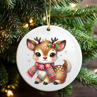 Adorable Deer with Scarf Ceramic Tree Ornament, Baby Reindeer Christmas Ornament, Kawaii Reindeer Holiday Keepsake, Festive Xmas Tree Ornament