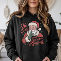 Humorous Bookworm Santa Hooded Sweatshirt, He Sees What You've Been Reading Hoodie, Christmas Book Lover Hoodie, Holiday Reader Graphic Sweater