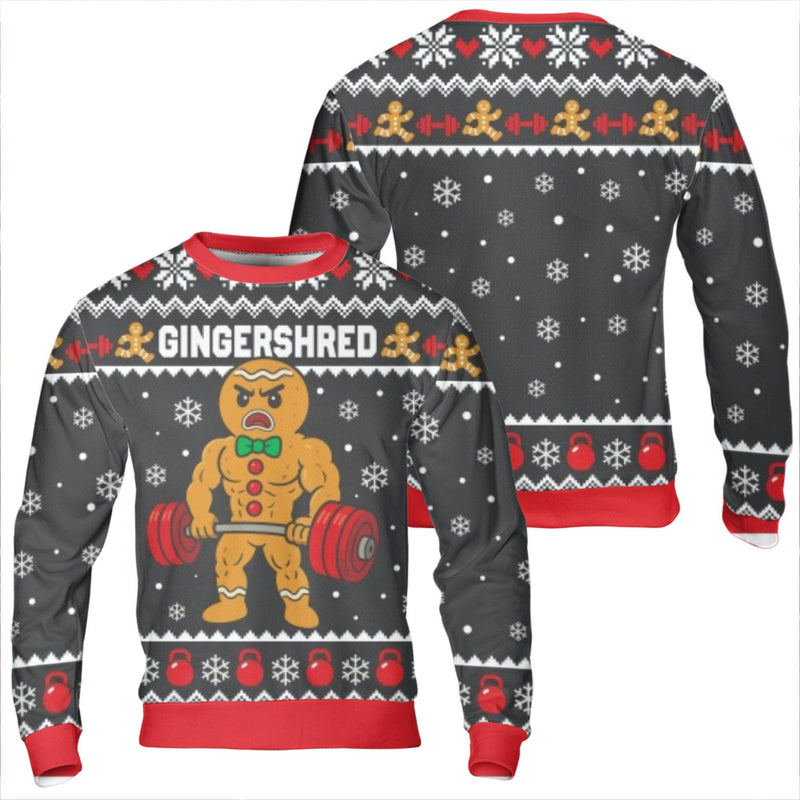 Weightlifting Gingerbread Sweatshirt, Gingershred Christmas Sweatshirt, Humorous Fitness Ugly Holiday Sweater, Gym Workout Christmas Sweatshirt