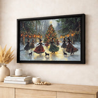 Whimsical Holiday Wall Art, Witches Ice Skating Christmas Tree Canvas, Vintage Winter Witch Canvas Print, Gothic Seasonal Canvas Decor