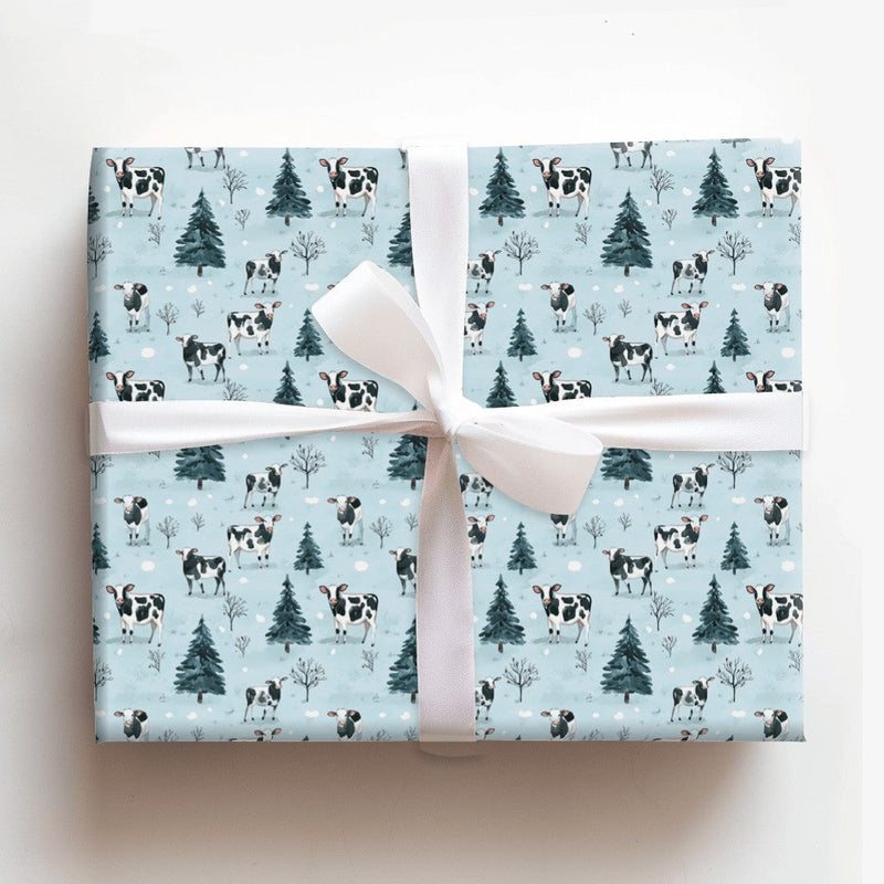 Rustic Farmhouse Animal Gift Wrap, Winter Farm Cow Wrapping Paper, Snowy Pine Tree Holiday Paper, Christmas Present Wrapping Paper Roll
