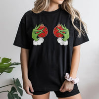 Stealing Ornament Graphic Tee, Green Monster Hand Christmas T-Shirt, Sarcastic Holiday Who Stole Xmas Shirt, Festive Movie Villain Tee