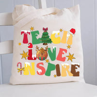 Teach Love Inspire Holiday Tote Bag, Christmas Teacher Canvas Tote Bag, Festive Winter School Bag, Teacher Christmas Appreciation Present