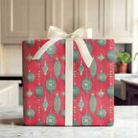 Red and Green Holiday Gift Wrap, Vintage Ornament Christmas Wrapping Paper, Retro Bauble Wrapping Paper, Elegant Festive Gift Wrap Roll