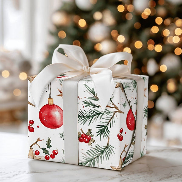 Gold Star Pine Christmas Gift Wrap, Watercolor Ornament Wrapping Paper, Festive Holly Berry Wrapping Paper, Holiday Present W