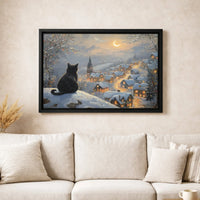 Comfy Christmas Winter Landscape Print, Black Cat Snowy Village Poster, Holiday Black Cat Digital Download, Festive Printable Wall Decor