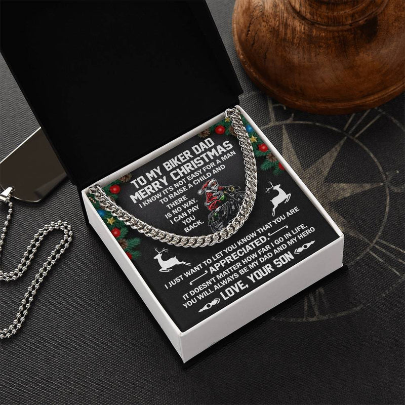 Motorcycle Rider Chain from Son, Biker Dad Cuban Link Chain Necklace, Personalized Christmas Message Card Chain, Mens Biker Jewelry