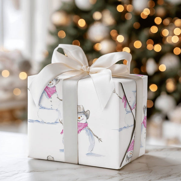 Western Holiday Gift Wrap, Cowboy Snowman Wrapping Paper, Watercolor Pink Bandana Snowman Wrapping Paper, Rustic Country Chri