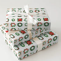 Vintage Christmas Stamp Gift Wrap, Holiday Wreath Poinsettia Wrapping Paper, Floral Botanical Wrapping Paper, Holiday Season Gift Wrap Roll