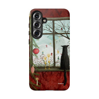 Holiday Black Cat Phone Cover for Samsung Galaxy, Christmas Window Cat Phone Case, Comfy Winter Scene Protective Case, Festive Cat Lover Present