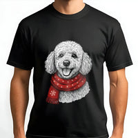 Festive Winter Snowflake Scarf Dog T-Shirt, Poodle Christmas Shirt, Adorable Holiday Puppy Graphic Tee, Christmas Dog Lover Shirt, Xmas Pet Present