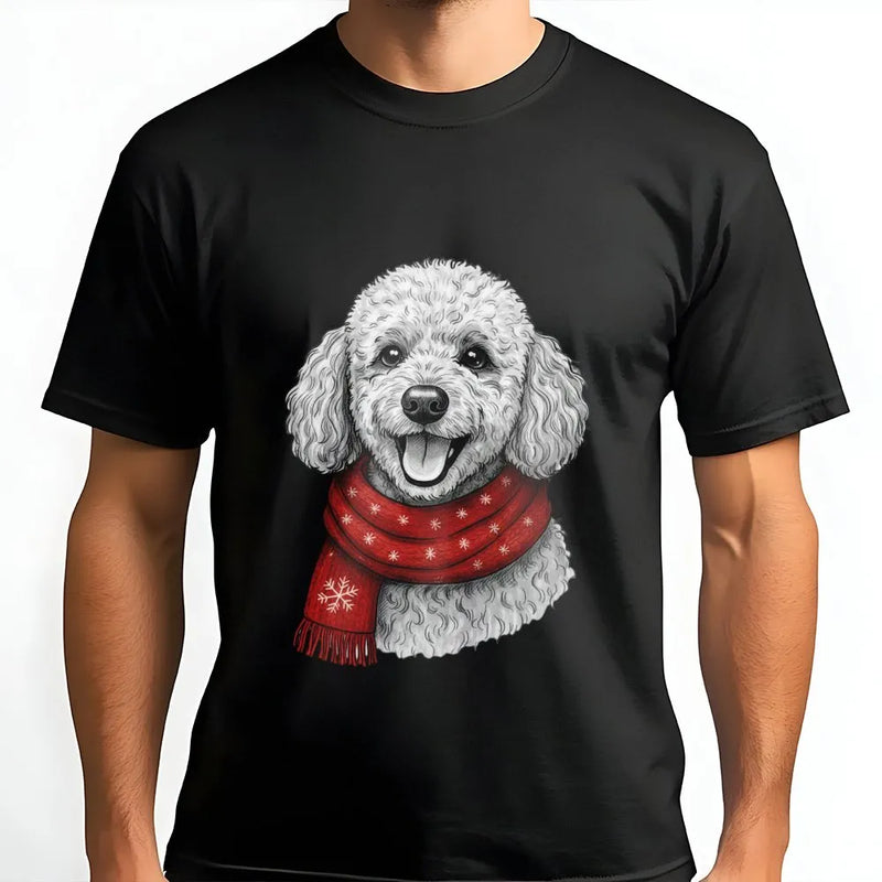 Festive Winter Snowflake Scarf Dog T-Shirt, Poodle Christmas Shirt, Adorable Holiday Puppy Graphic Tee, Christmas Dog Lover Shirt, Xmas Pet Present