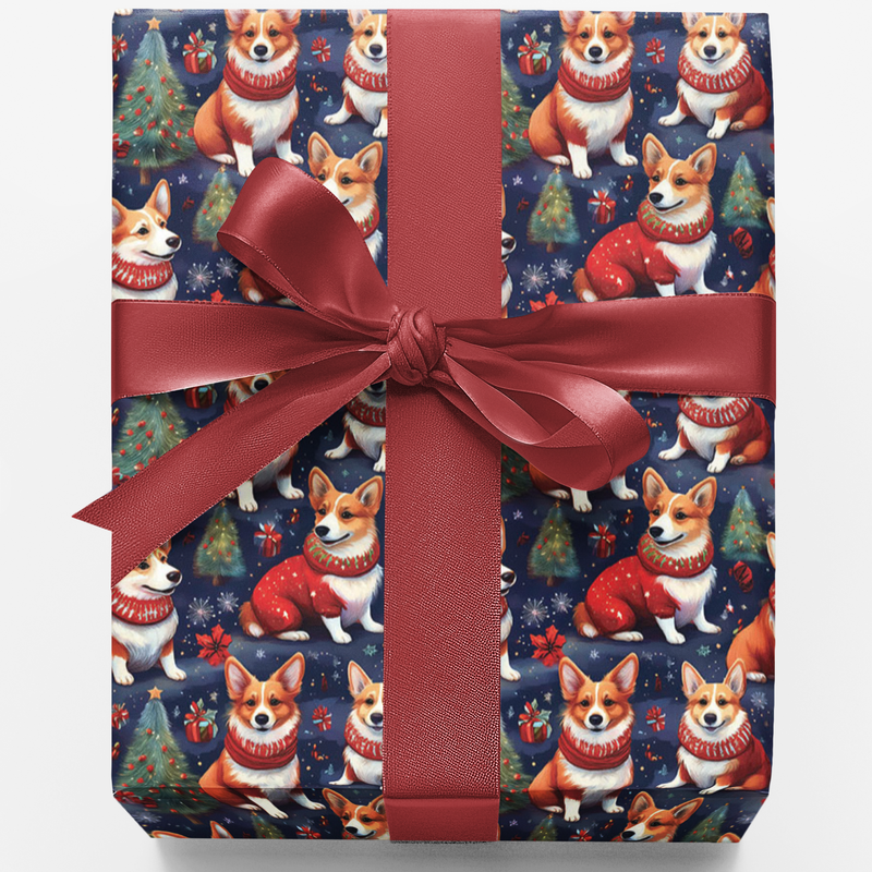 Festive Pembroke Dog Gift Wrap, Corgi Christmas Wrapping Paper, Holiday Evergreen Dog Present Paper, Winter Xmas Gift Wrapping Paper