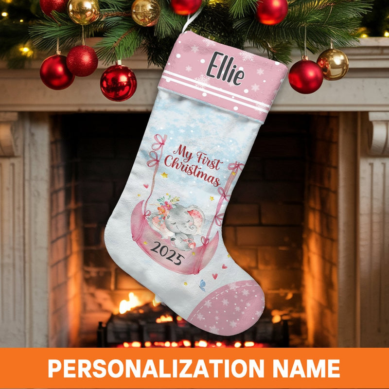My First Christmas Stocking 2025, Personalized Baby Elephant Moon Christmas Stocking, Custom Baby Holiday Stocking, Nursery Christmas Present