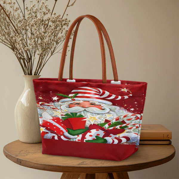 Christmas Candy Cane Holiday Handbag, Vintage Santa Claus Tote Bag, Festive Winter Shoulder Bag, Christmas Shopper Present fo