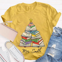 Personalized Holiday Shirt, Custom Christmas Trees and Books T-Shirt, Comfy Book Lover Xmas Graphic Tee, Custom Name Christmas Present Tee
