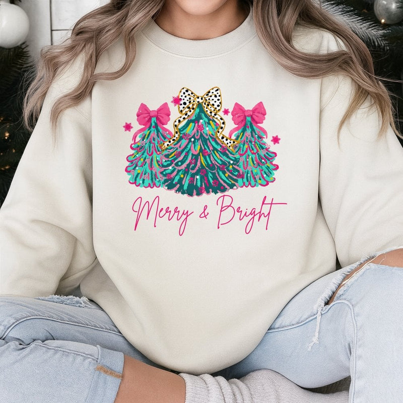 Pink Bow Tree Holiday Crewneck, Merry and Bright Christmas Sweatshirt, Preppy Coquette Xmas Sweater, Adorable Winter Holiday Sweatshirt