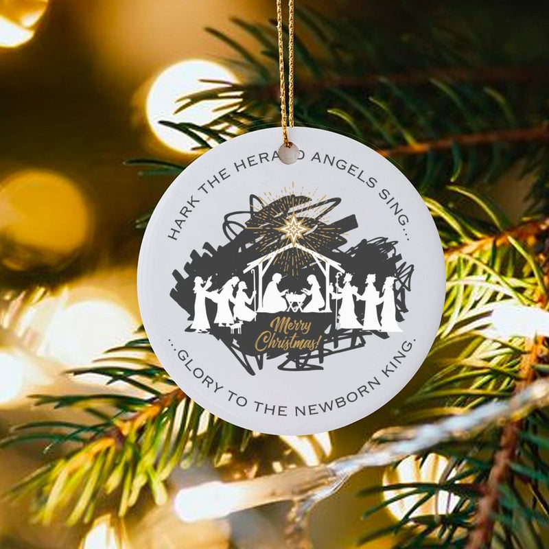 Nativity Scene Christmas Ornament, Hark the Herald Angels Sing Ornament, Christian Holiday Ceramic Ornament, Religious Xmas Tree Decor
