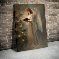 Holiday Angel Canvas Print, Angel Reading Christmas Tree Canvas Art, Vintage Christmas Angel Wall Art, Festive Winter Canvas Decor Present